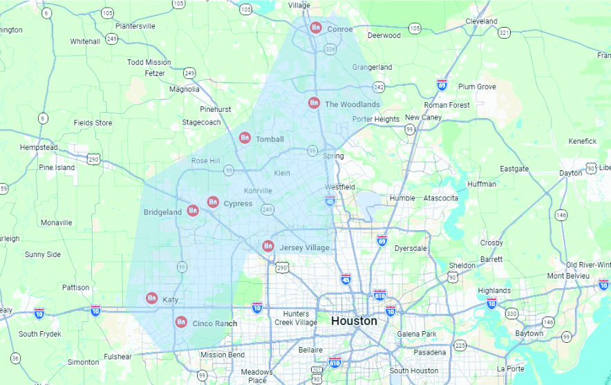 BMV Maids service area google map Map showing the BMV Maids service area across Houston, Cypress, and surrounding communities.